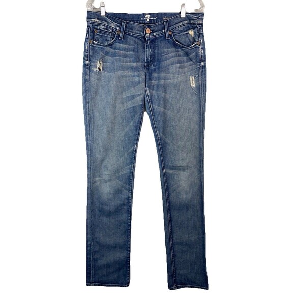 7 For All Mankind Women 32 Jeans Straight Leg Distressed Sequin Pocket Medium - Picture 1 of 14